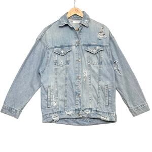 Zara Trucker Denim Jacket Sz XS Distressed Relaxed Fit Light Wash Blue Rigid